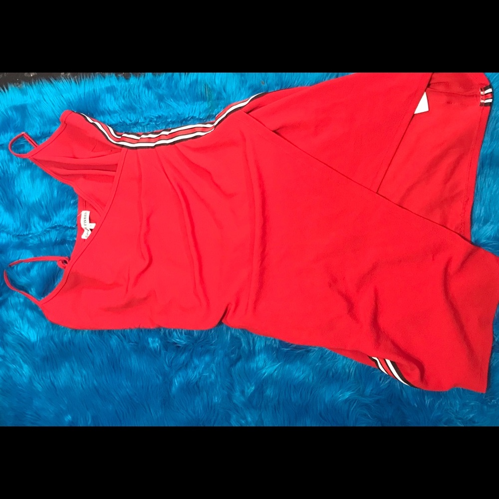 Red midi dress with split up the front, sparkle on Both sides